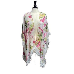 Cejon Pink Floral Lace Fringe Kimono Size One Size
